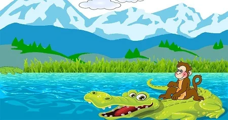 A monkey sitting on top of crocodile and talking in a river